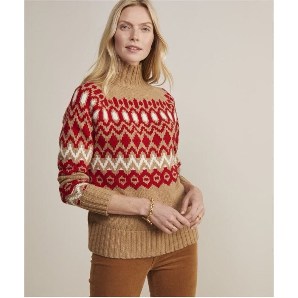 Vineyard Vines Marino Wool Blend Mock Neck Sweater | NWOT | Beige/Red | XS